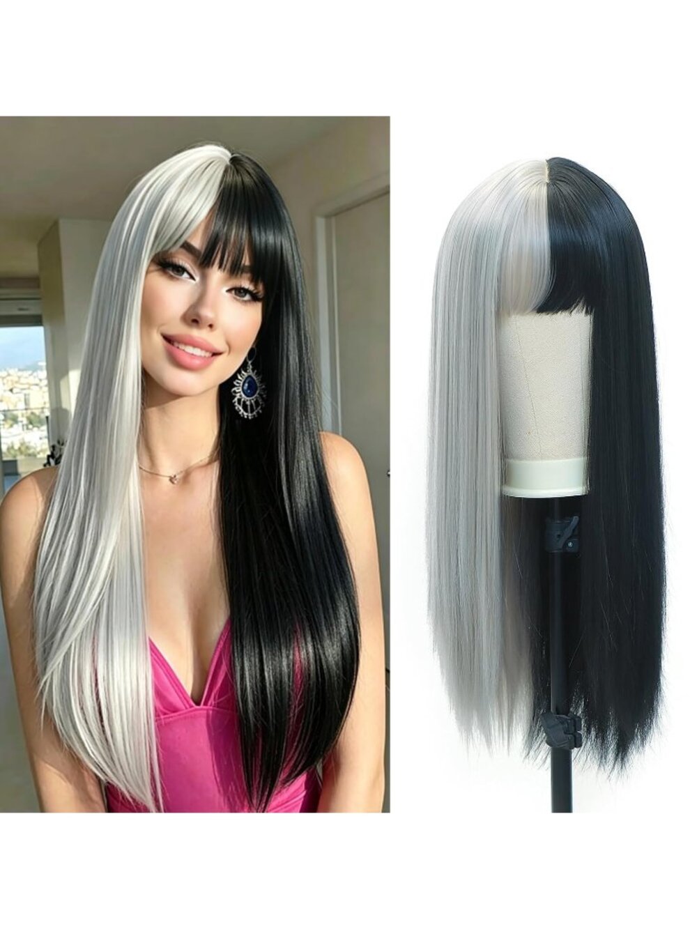 Women's Grey Black 26 Inch Heat Resistant Synthetic Long Straight Wigs Bangs